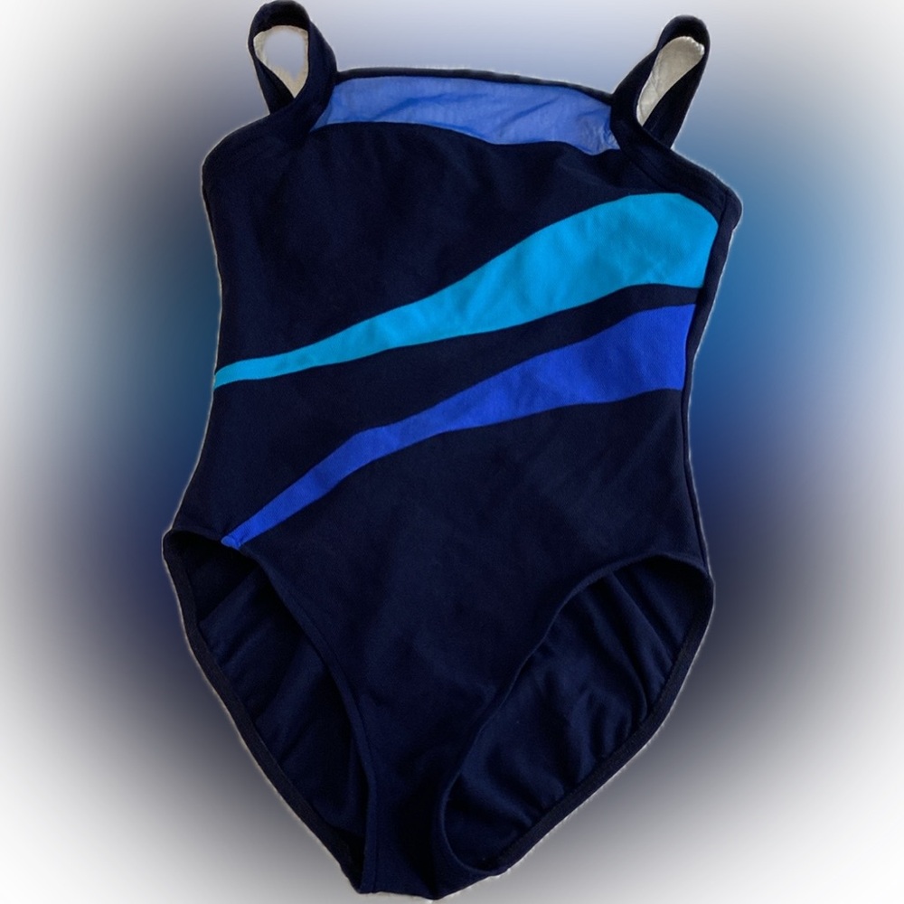 Navy Blue One-Piece Swimsuit with Blue Stripes